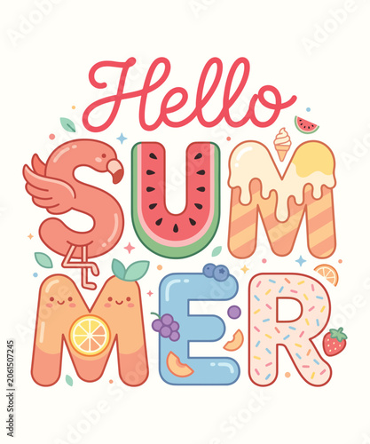  Hello Summer Cute Typography with Ice Cream Fruits and Flamingo Vector Illustration