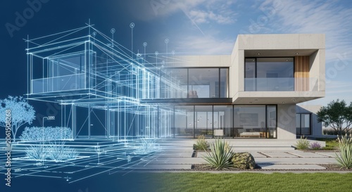 Innovative architectural design concept where digital blueprints seamlessly merge with a modern, minimalist house exterior.