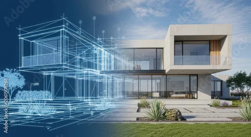 Fototapeta na wymiar Innovative architectural design concept where digital blueprints seamlessly merge with a modern, minimalist house exterior.