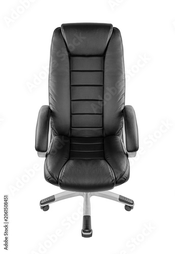 A modern black leather office chair with armrests and wheels is isolated on a solid white background.