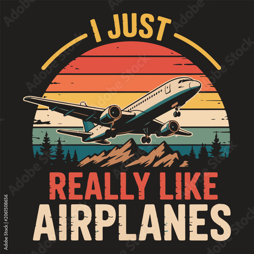 Vintage Airplane Aviation Typography T Shirt Design with Retro Sunset and Mountain Landscape
