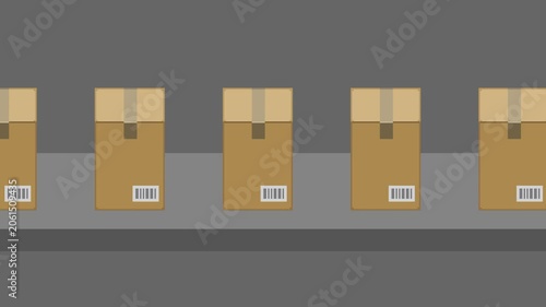  A cardboard box with a vertical barcode moves to the left on the conveyor belt (looping possible)