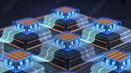 Integrated circuit architecture, abstract digital information multilayer network grid representing data flow, quantum computational systems, virtual infrastructure design. Microprocessor cores