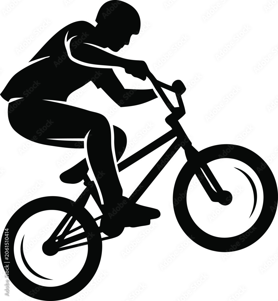 Naklejka premium BMX rider silhouette performing a wheelie stunt, extreme sports mountain bike athlete vector, black and white cycling action graphic