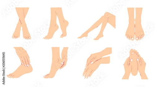 Fotografie Set of hand and foot poses in flat vector illustration