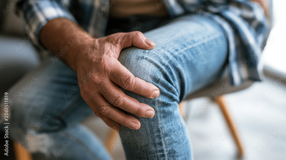 Fototapeta premium A close-up of a person's hand resting on their knee, exemplifying relaxation and comfort in a modern setting.