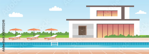 Modern House with Swimming Pool and Lounge Chairs. Summer Resort. Tropical Summer Resort Pool. Luxury Resort Poolside Scene.