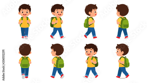 Konstfotografi Cartoon schoolboy with backpack in multiple walking poses