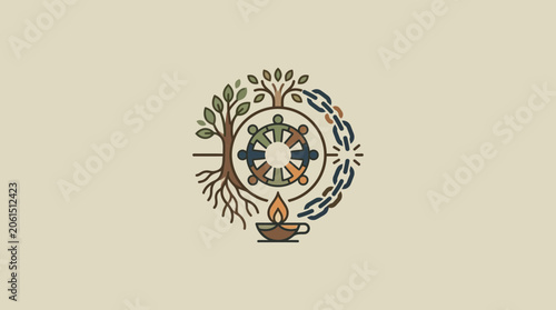 Foto Minimalist Unity Logo with Tree, Broken Chains, Chalice, and Diverse Community C