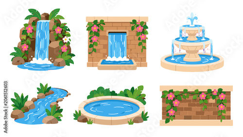 Foto Set of garden water features and decorative stone elements
