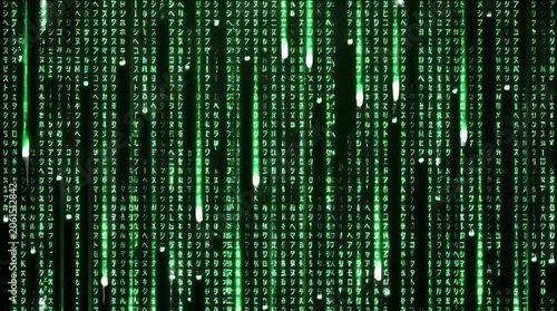 Digital rain of green alphanumeric characters cascades down a black screen in iconic cyberpunk style visual effect from the movie The Matrix.