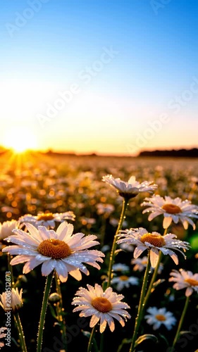 Field of white daisies at sunrise with soft golden light
