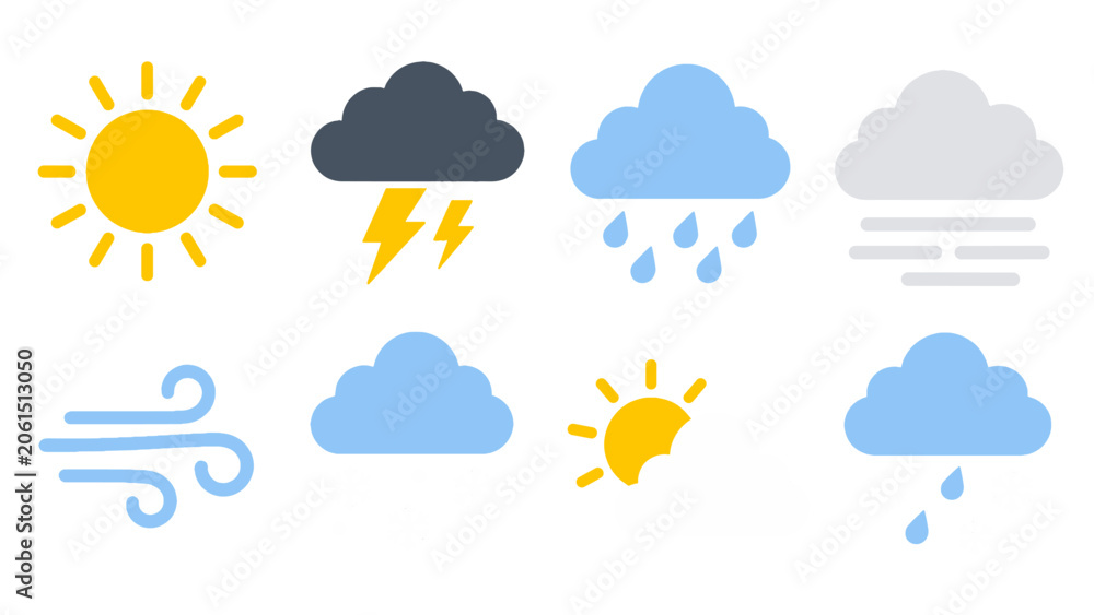 Obraz premium Simple weather icon set with sun clouds rain snow and wind