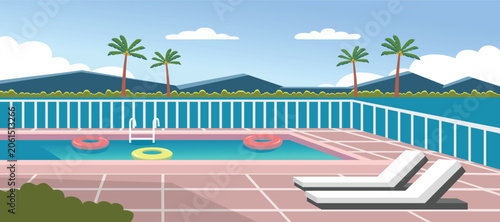 Tableau sur toile Swimming Pool with Lounge Chairs and Palm Trees Illustration
