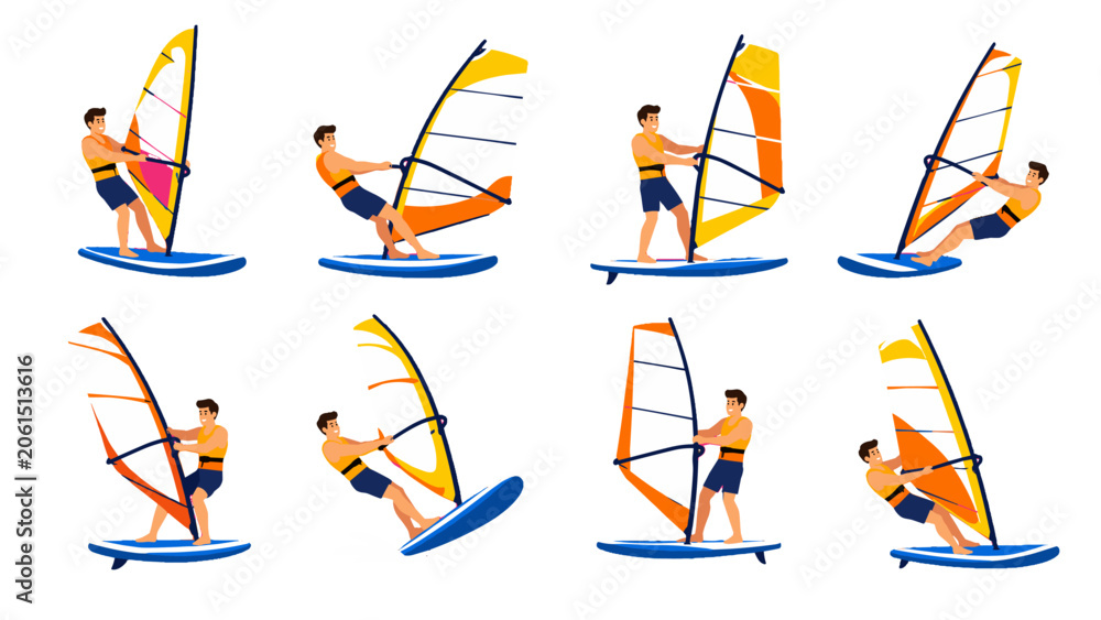 Naklejka premium Set of male windsurfers riding boards with colorful sails
