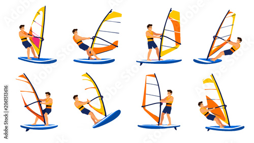 Canvas Print Set of male windsurfers riding boards with colorful sails