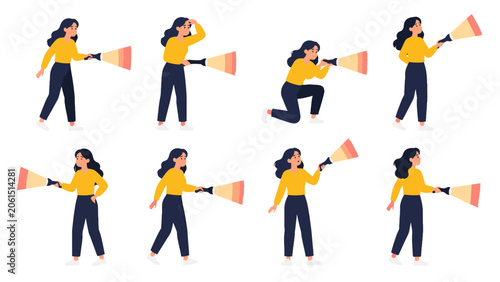 Canvastavla Woman character holding flashlight in various poses set