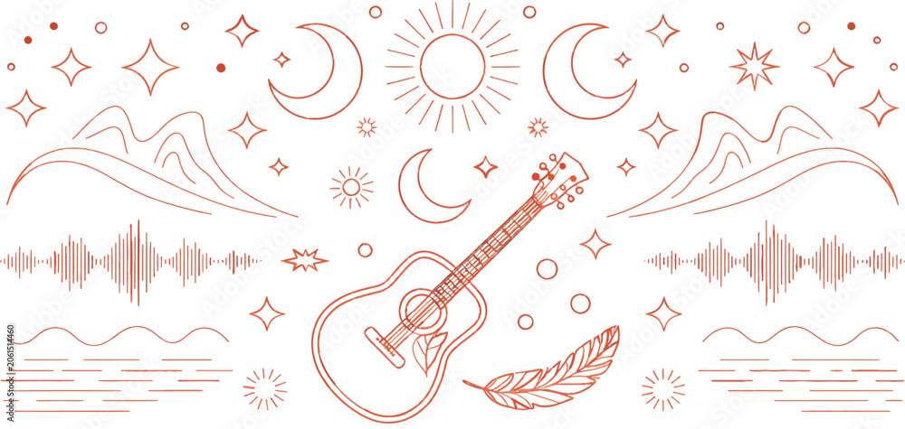 Naklejka premium A serene mountain landscape with a guitar, feather, and celestial elements at sunset.