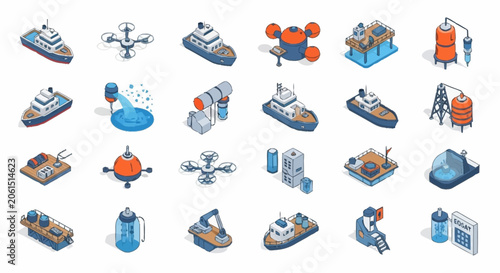 Photos Isometric icons representing various industrial and technological elements, including ships, drones, and scientific equipment