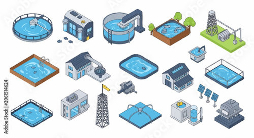 Isometric Set of Water Treatment Plant Elements and Equipment.