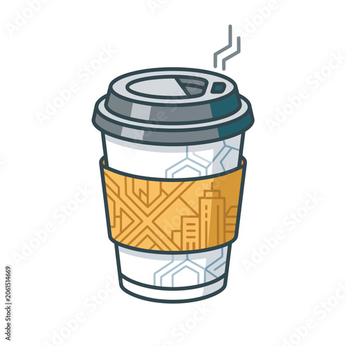A steaming hot cup of coffee to go with a city skyline pattern on its sleeve, perfect for morning commutes and urban life