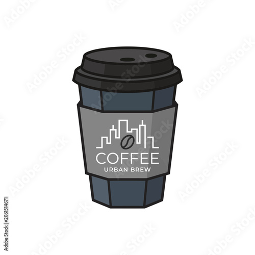 Modern Urban Coffee Cup Vector Illustration Featuring Skyline Branding for Cafes and Takeaway Beverage Concepts
