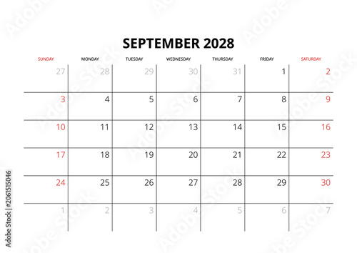 September 2028 English Corporate Monthly Calendar Grid Minimalist Office Organizer Page