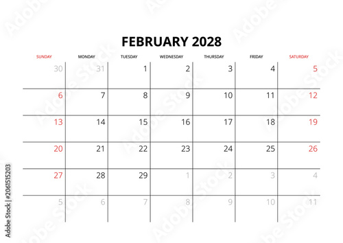 February 2028 English Minimalist Wall Calendar Page Corporate Project Management Layout
