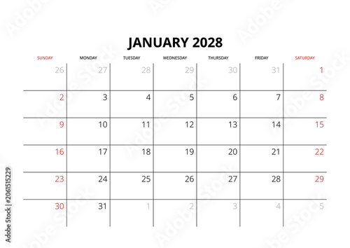 January 2028 English Professional Calendar Grid Clean Minimalist Monthly Planner