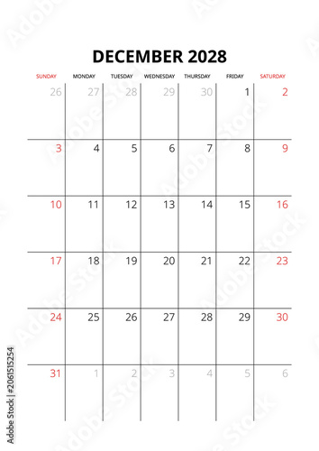 December 2028 English Professional Calendar Grid Clean Minimalist Monthly Planner