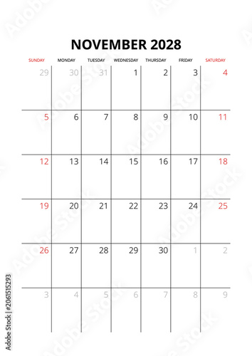 November 2028 English Blank Monthly Planner Grid Clean Business Calendar Template