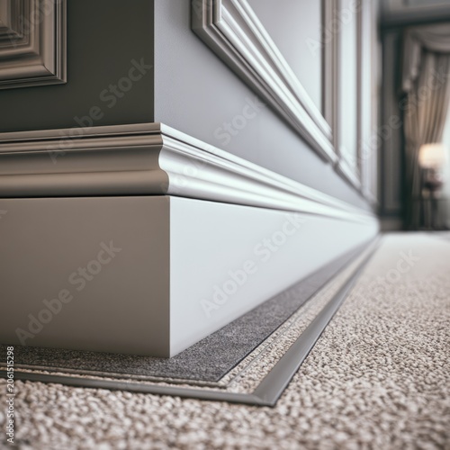 Close Up of Decorative White Baseboard and Wall Molding in Refined Interior Design