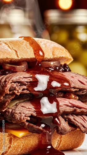 Juicy pulled meat sandwich on a toasted bun