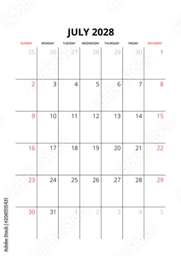 July 2028 English Blank Monthly Planner Grid Clean Business Calendar Template