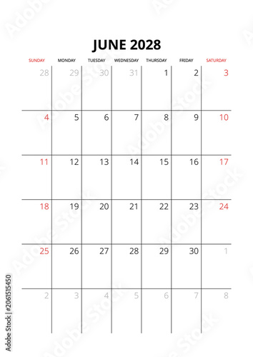 June 2028 English Minimalist Monthly Calendar Template Corporate Schedule Grid Layout