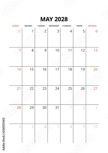 May 2028 English Minimalist Monthly Calendar Template Corporate Schedule Grid Layout