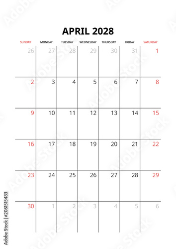 April 2028 English Corporate Monthly Calendar Grid Minimalist Office Organizer Page