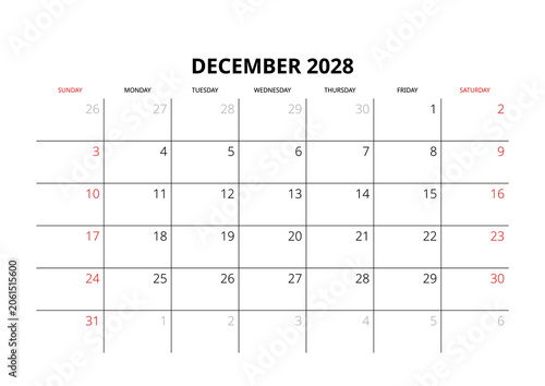 December 2028 English Minimalist Wall Calendar Page Corporate Project Management Layout