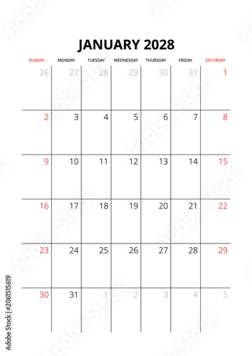 January 2028 English Corporate Monthly Calendar Grid Minimalist Office Organizer Page