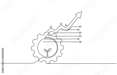 Continuous one single line drawing Productivity bar chart with gear icon.