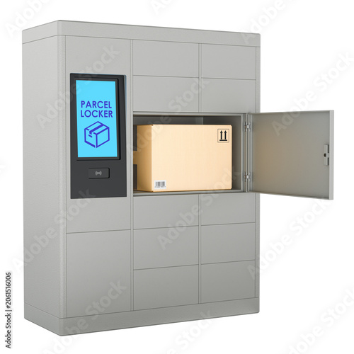 Parcel locker with package, automated delivery pickup cabinet. 3D rendering