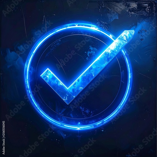 A blue neon checkmark within a circle on a dark background