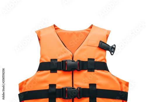 Bright orange life jacket with black buckles isolated on transparent background
