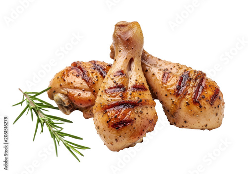 Grilled chicken drumsticks with rosemary isolated on transparent background
