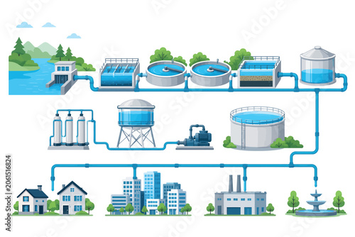 Cuadro en lienzo Vsai water purification process from natural source to urban consumption