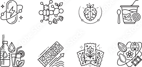 Tableau sur toile Healthy Nutrition and Sports Supplements Icon Set - Minimalist Fitness Diet Line