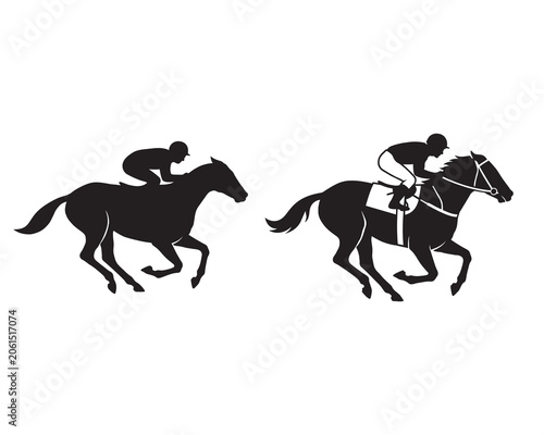 Horse racing jockey silhouettes vector set with detailed and simplified galloping thoroughbred equestrian icons.