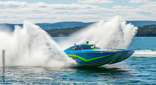 High performance speedboat racing across water creating large splashes and waves