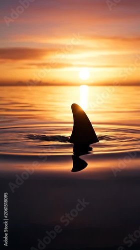 Silhouette of circular ocean fin at sunset over horizon