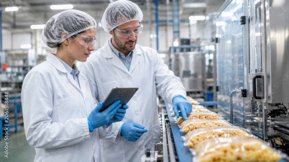 © Andrii - Food Quality Control Specialists Inspecting Packaged Pasta on Production Line © Andrii - Food Quality Control Specialists Inspecting Packaged Pasta on Production Line